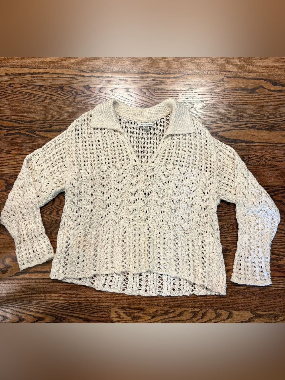 American Eagle Outfitters Cream Open-Knit V-Neck Sweater, Size XS